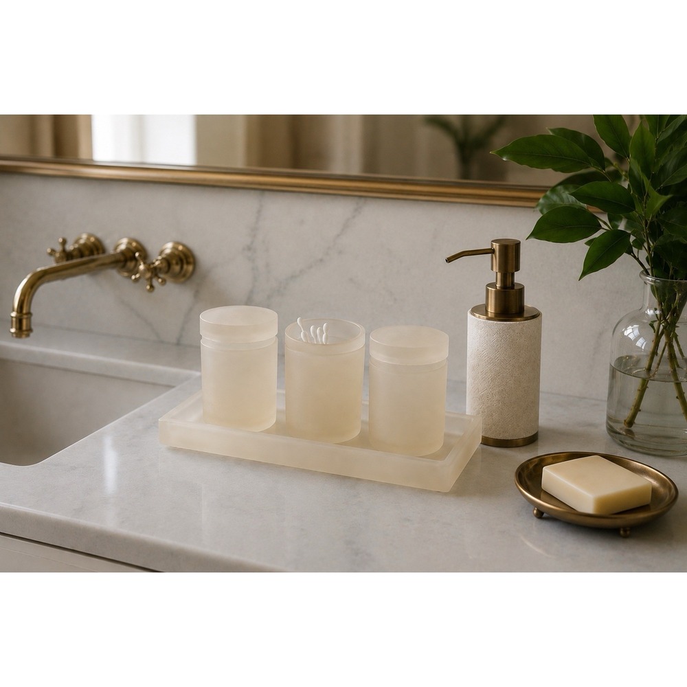 Waterworks Studio Floe Frosted Resin Bathroom Vanity Tray & Canisters Luxury